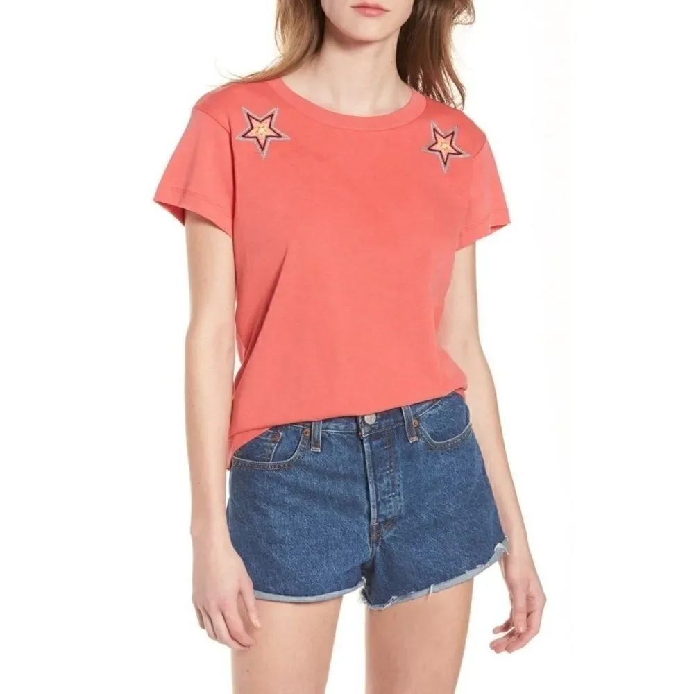 Wildfox Starbright No. 9 Coral Embroidered Tee Wom